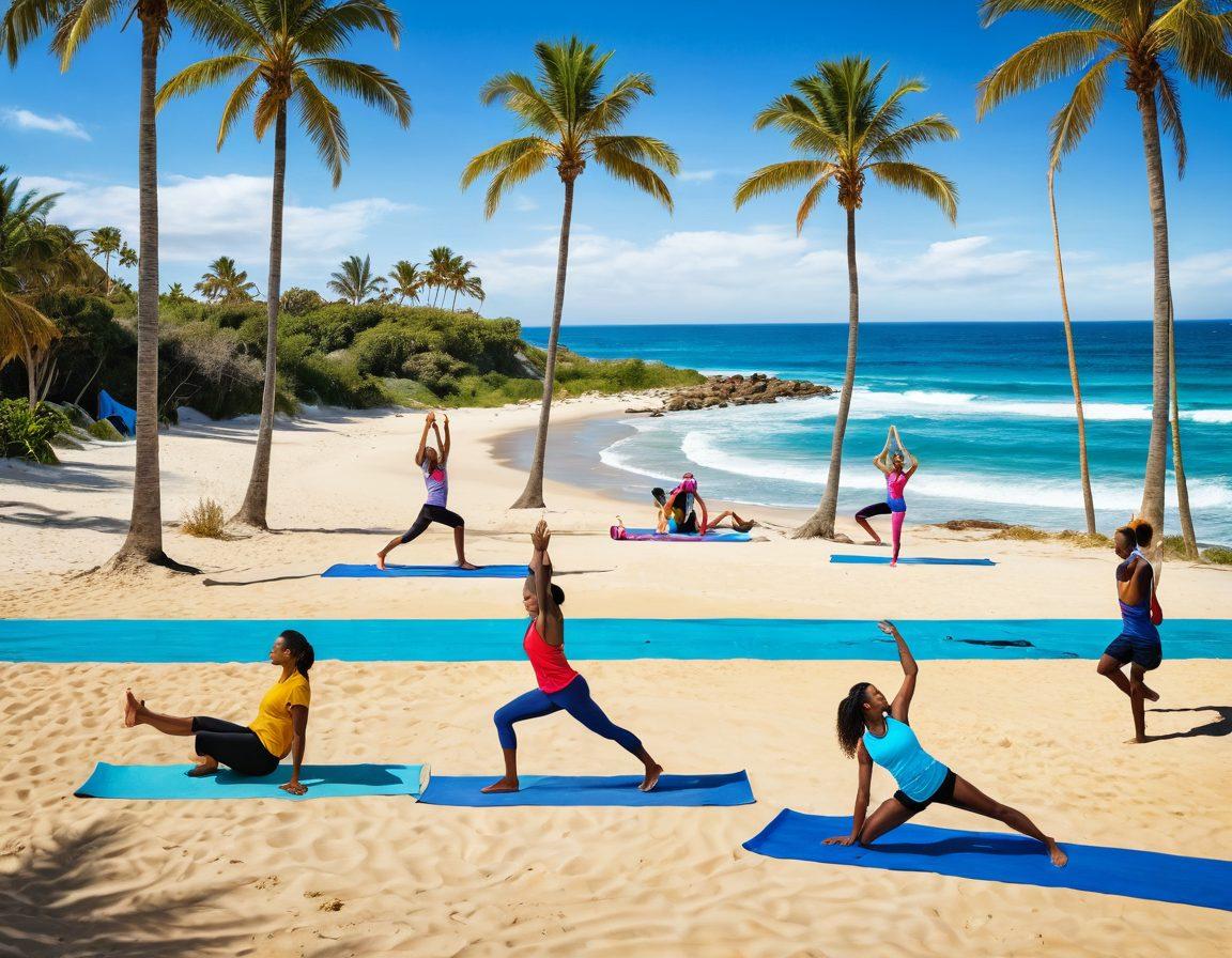 A vibrant beach scene showcasing people engaged in various fitness activities like yoga, beach volleyball, and running. Highlight diverse individuals wearing colorful, high-performance active lifestyle apparel. The backdrop should feature palm trees, golden sands, and a bright blue sky to convey a sense of fun and vitality. Incorporate elements like surfboards and beach balls for added excitement. super-realistic. vibrant colors. white background.