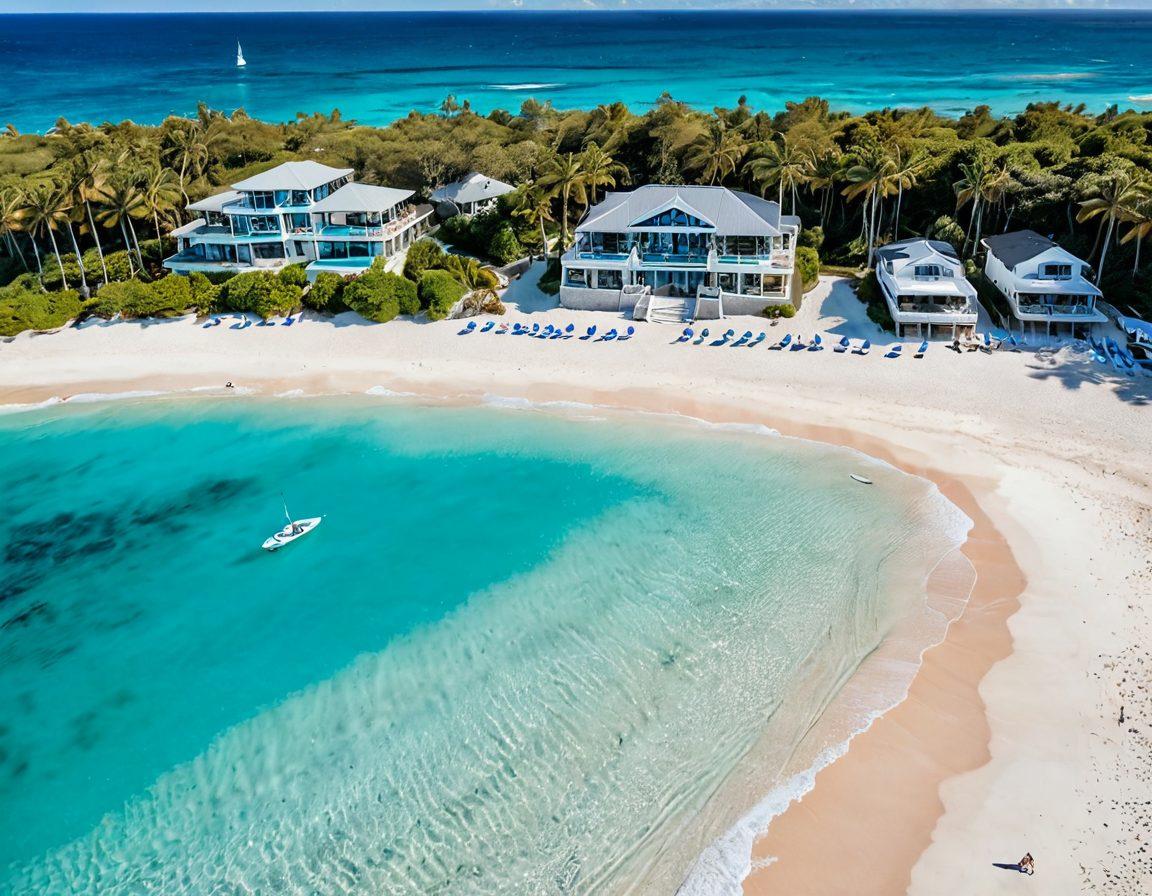 A breathtaking aerial view of a stunning coastal property with a modern beach house nestled among palm trees, overlooking crystal-clear turquoise waters and soft white sand beaches. Include vibrant beach umbrellas and sun loungers on the shore, along with beachgoers enjoying the sun. The sky is bright blue with fluffy white clouds, evoking a perfect summer day. Capture the essence of relaxation and adventure. super-realistic. vibrant colors.