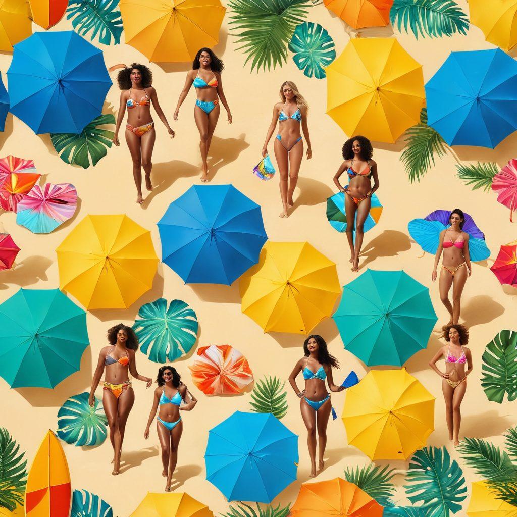 A bright and vibrant beach scene depicting a diverse group of people enjoying summer activities in stylish Brazilian swimwear. Incorporate colorful beach umbrellas, surfboards, and palm trees to evoke a lively atmosphere, showcasing various swimwear styles like bikinis and board shorts. The background should feature a golden sandy beach and clear blue ocean waves under a sunny sky. Convey a sense of fun, energy, and an active lifestyle. super-realistic. vibrant colors. tropical theme.